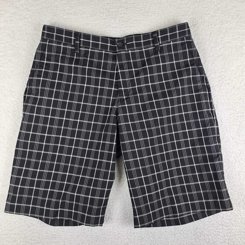 Adidas Shorts Mens 34 Black Gray Plaid 12" Inseam Casual Chino Performance Golf